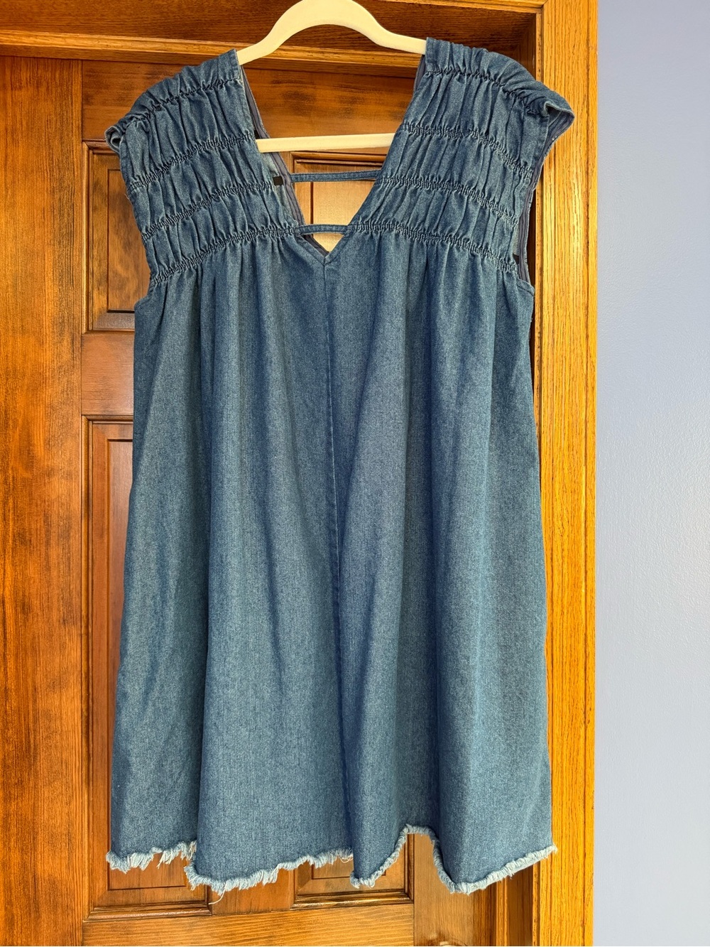 TALULAH Denim-Blue Smocked Shoulder Dress, Size Large